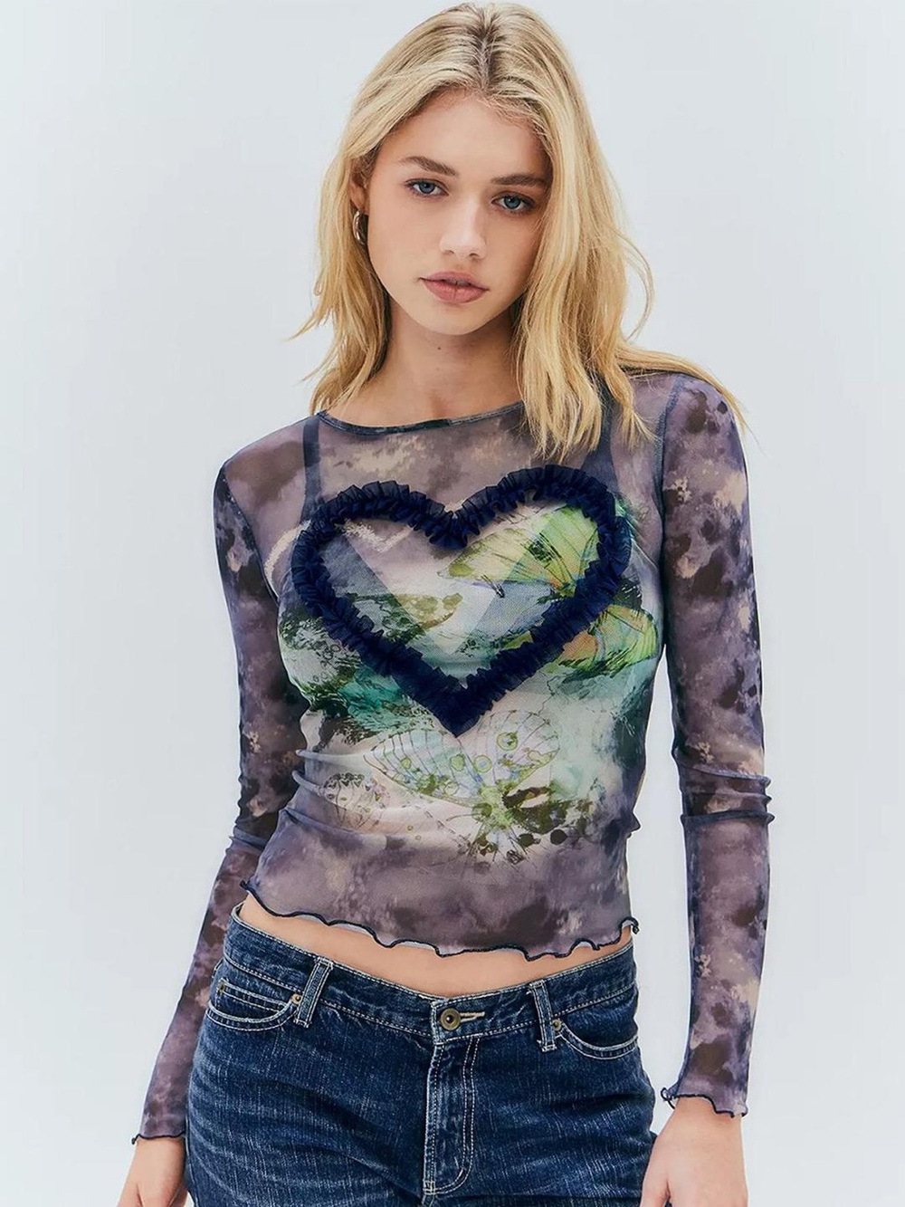 Urban Outfitters Maisie Butterfly Ruffle Heart Mesh Top